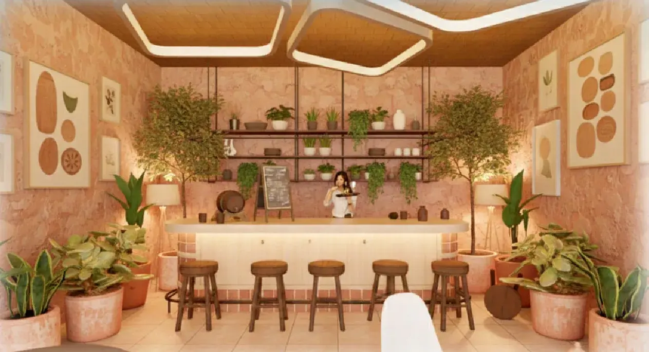 Render of the terracotta bar counter with pendant lighting and potted plants