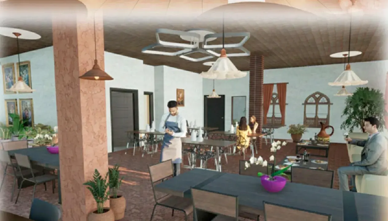 Render of the dining hall — terracotta column, wood tables and arched timber windows