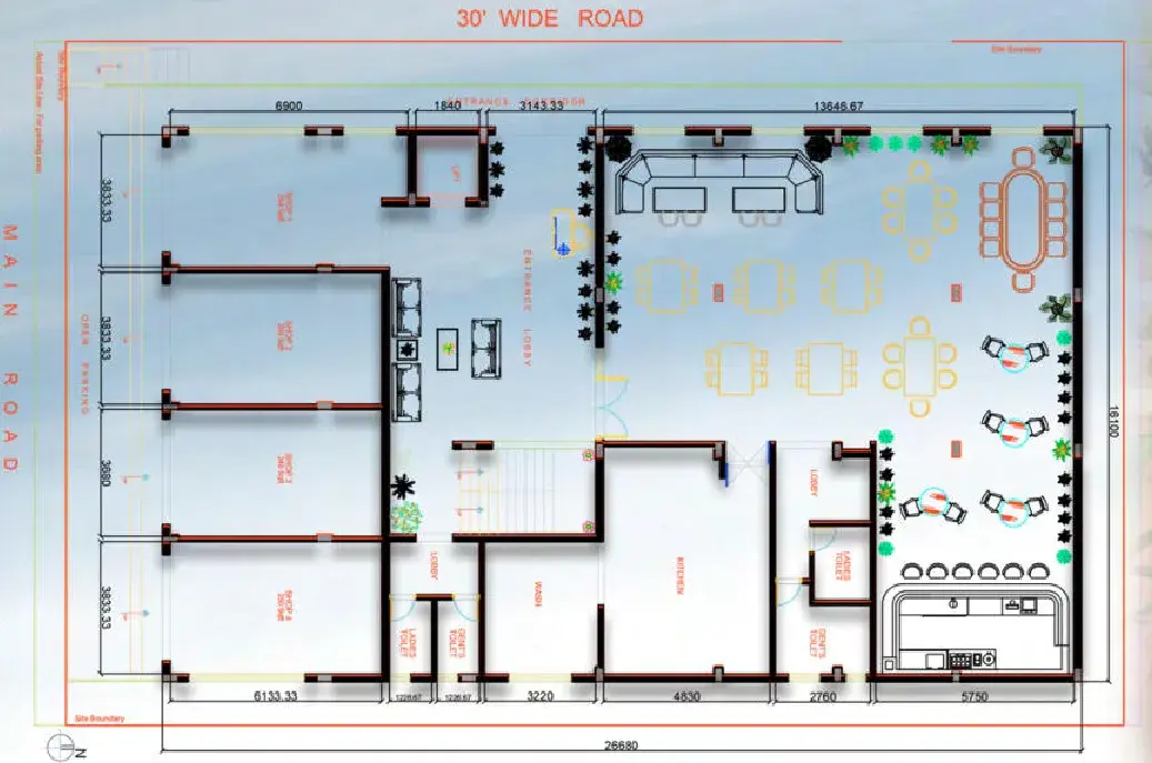 Dimensioned floor plan of the restaurant — dining, bar, kitchen and parking off a 30-foot road frontage