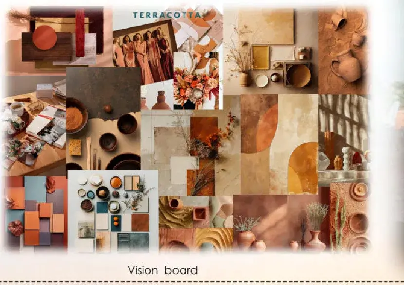 Terracotta-themed mood board of pottery, textiles and dried flowers