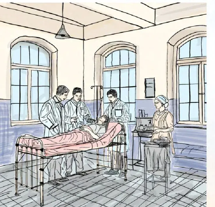 Sketch: a British colonial hospital ward, tiled and instrumented