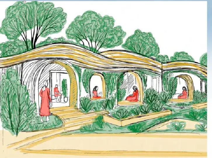 Sketch: the proposed design concept — arched, planted, open to a garden