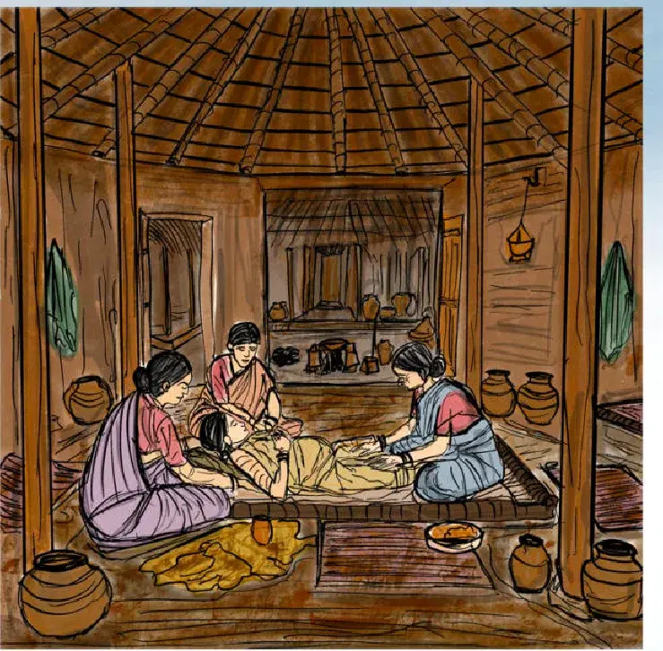 Sketch: birth in a Vedic-period household, attended by women of the family