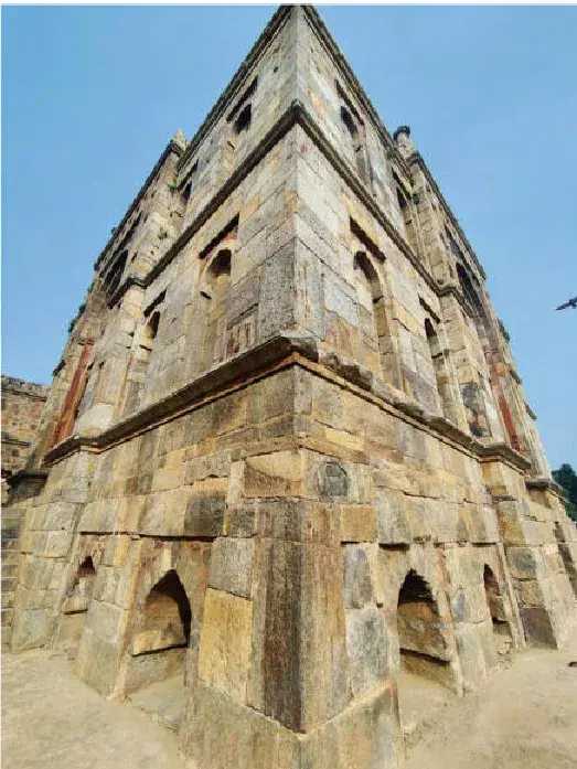 A stone tomb seen from its corner
