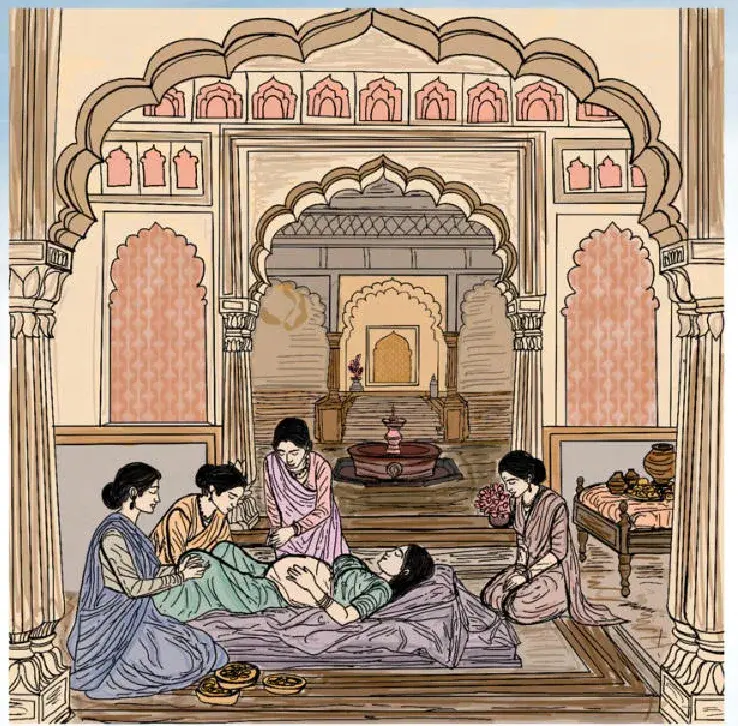 Sketch: birth in an ornate medieval courtly chamber