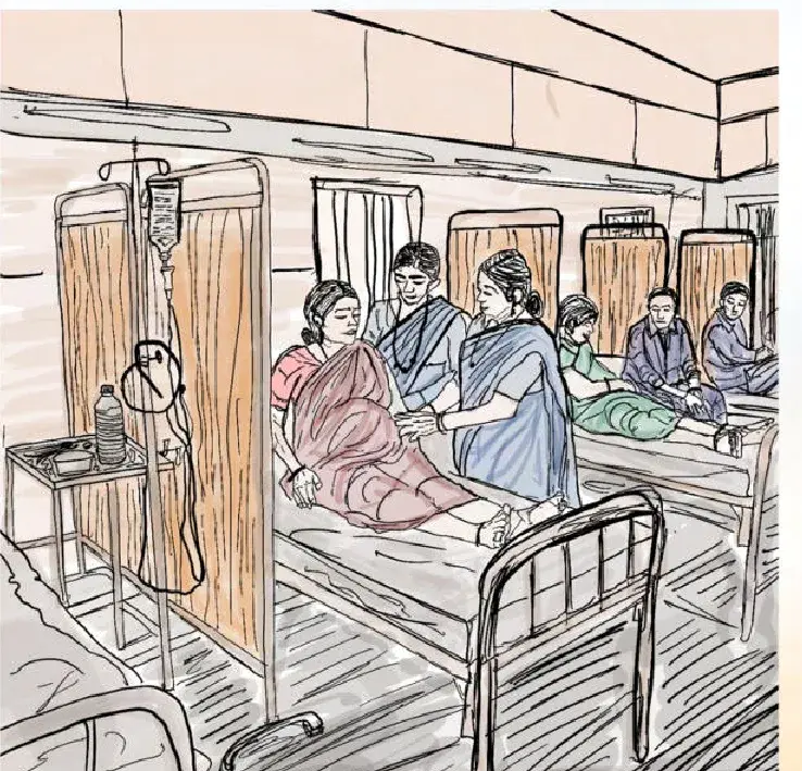 Sketch: post-independence ward, rows of iron beds behind curtains