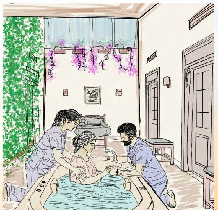 Sketch: a present-day water birth with greenery and the partner present