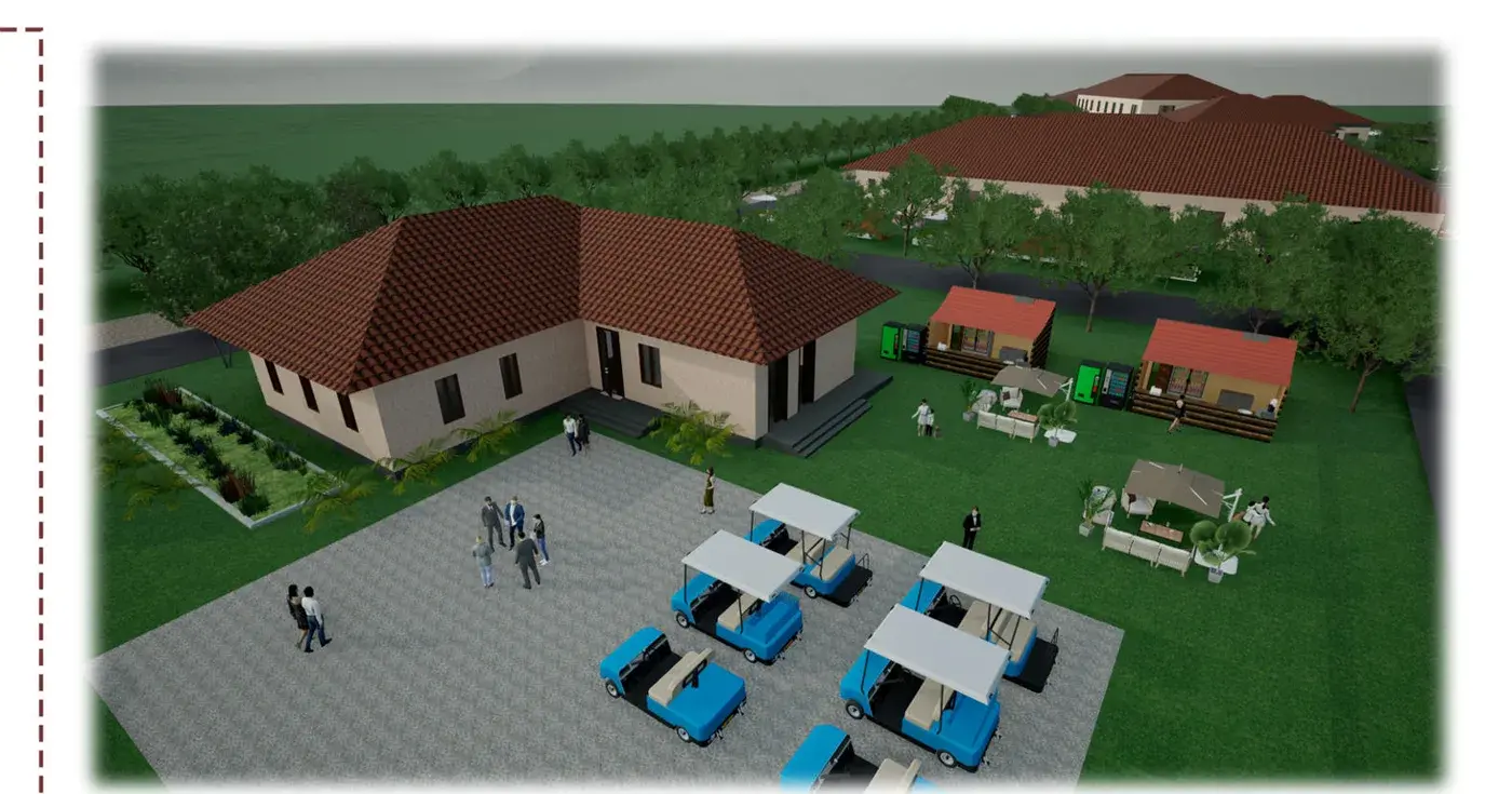 Render of Block 1, the entrance and lounge building, with baggi parking and food kiosks