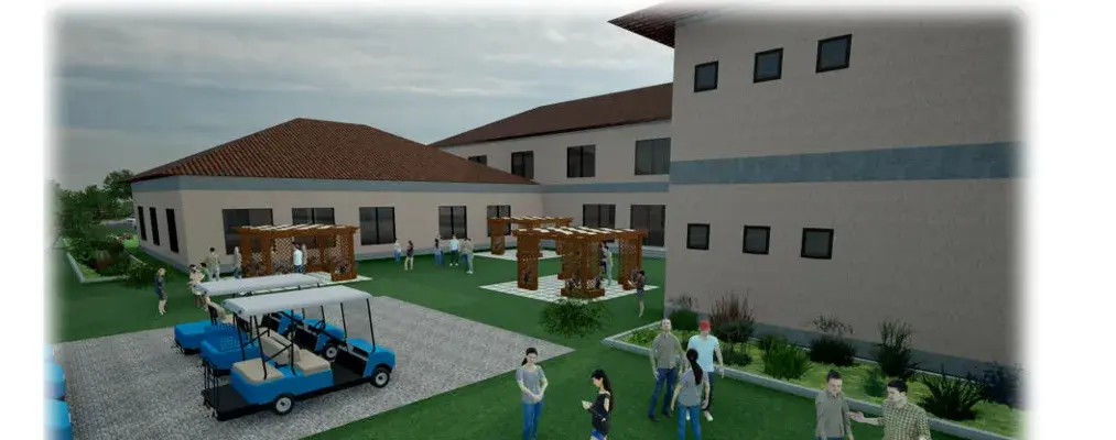 Courtyard render of Block 3, fitness and wellness, with baggis and pergolas