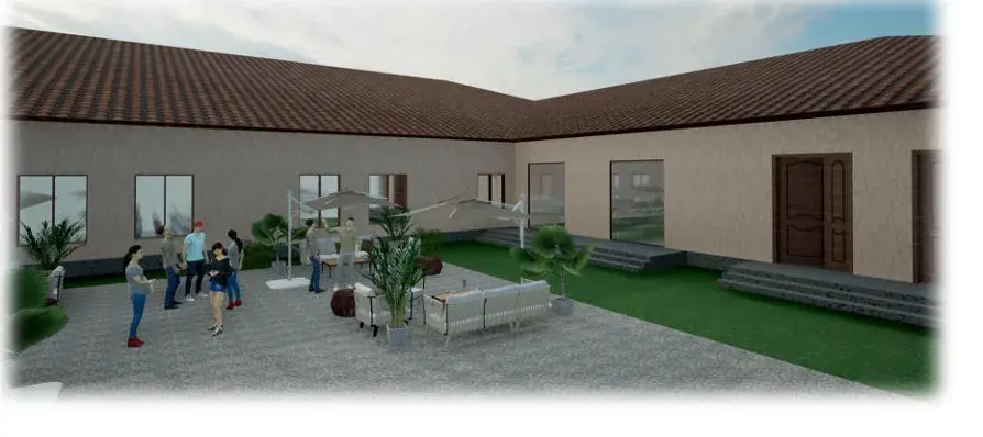 Courtyard lounge render of Block 4, mental and physical wellness