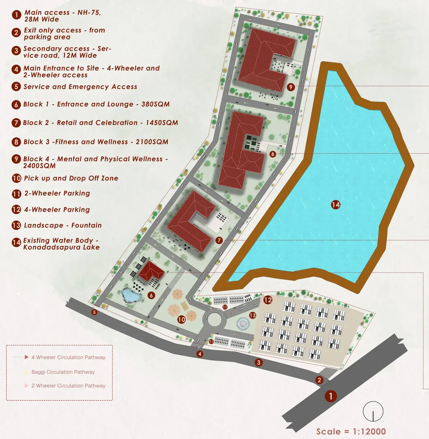 Roof plan of the full campus, its four blocks numbered, with access roads, parking and Konadasapura Lake along the eastern edge