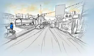 Sketch of the Kyatasandra bus stop at five in the morning, nearly empty