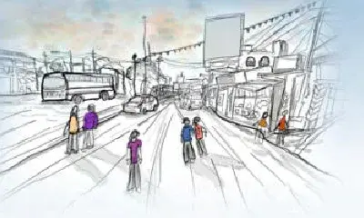 Sketch of the Kyatasandra bus stop at five in the evening, crowded