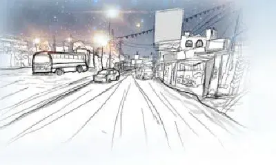 Sketch of the Kyatasandra bus stop at eleven at night, deserted