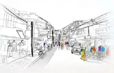 Sketch of Old Police Station Road at five in the morning, early commuters
