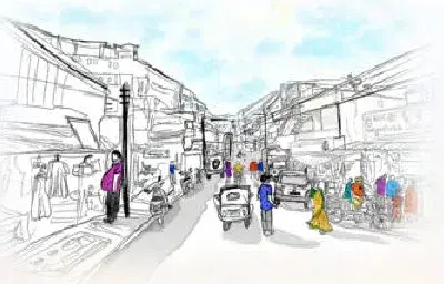 Sketch of Old Police Station Road at four in the afternoon, busy market