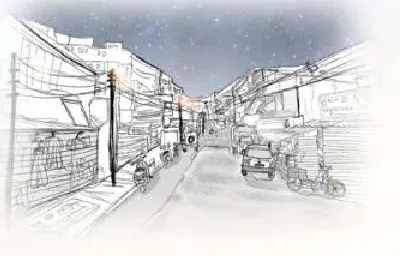 Sketch of Old Police Station Road at eleven at night, shops shuttered