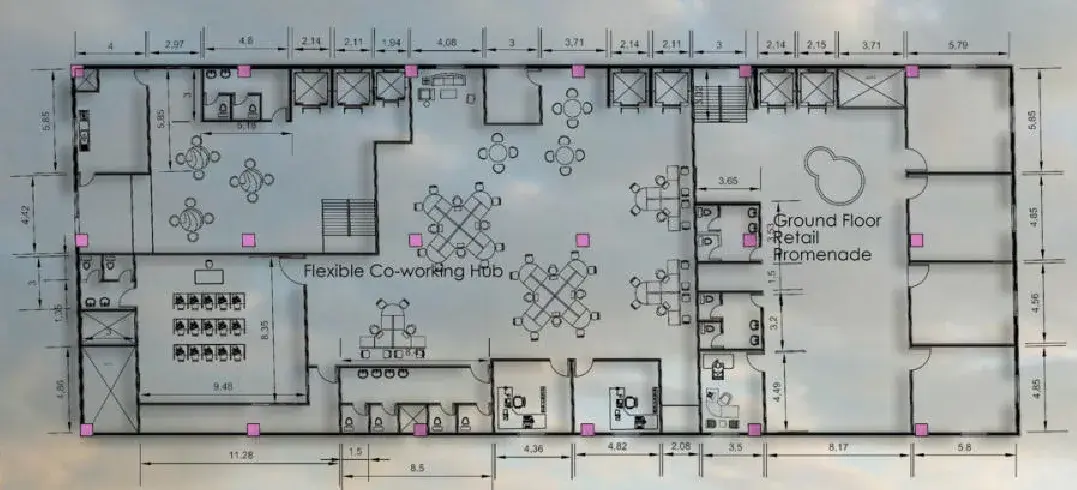 Ground floor plan — flexible co-working hub alongside the retail promenade