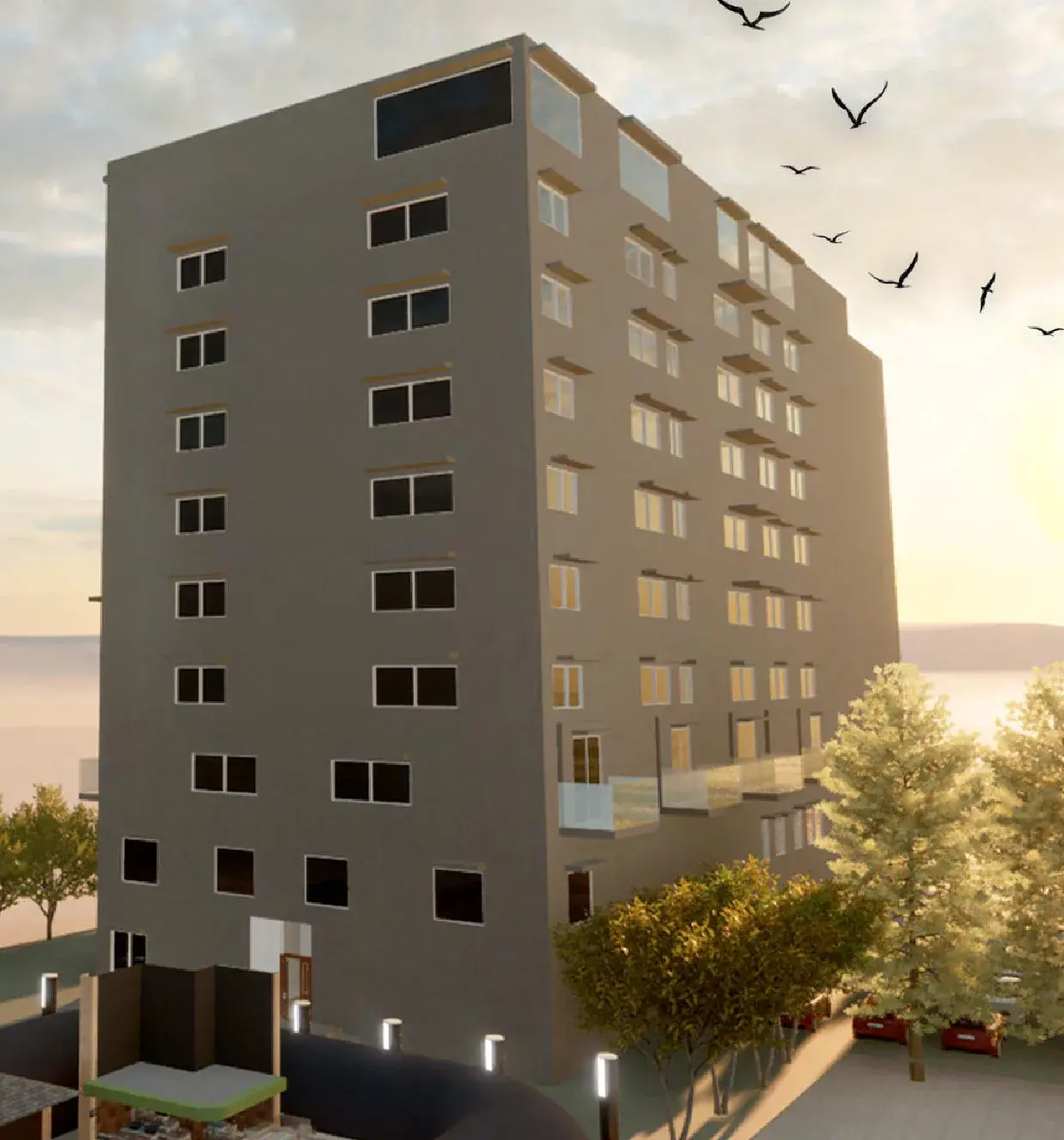 Exterior render of the mixed-use tower at dusk, glazed retail base and street trees