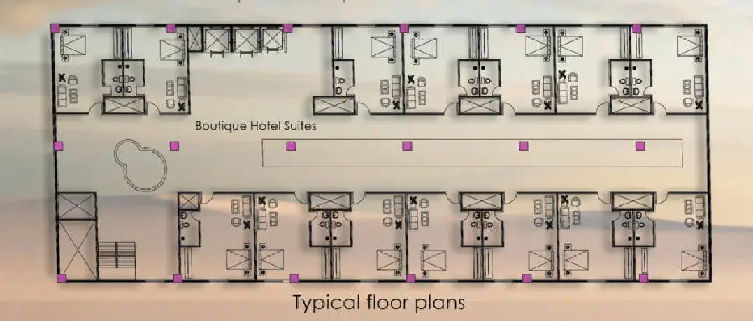 Typical upper floor plan — boutique hotel suites around a central corridor