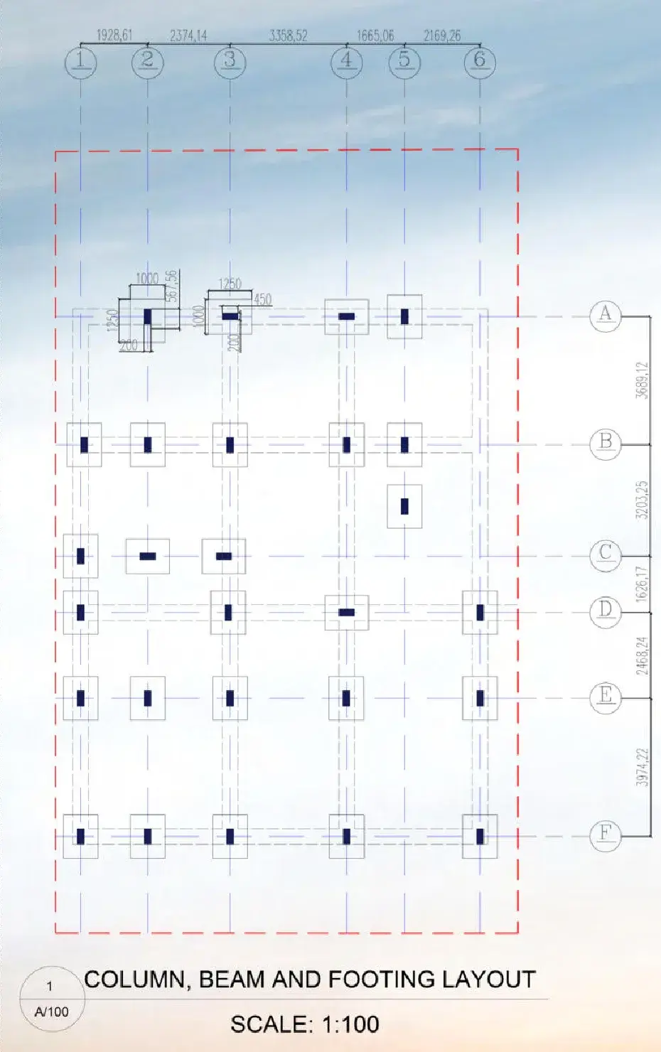 Column, beam and footing layout on a structural grid, with two enlarged footing details
