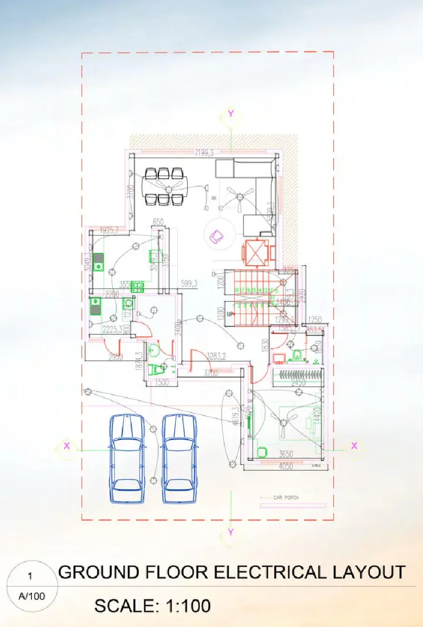 Ground floor electrical layout — switch, socket and fan wiring over the plan, scale 1:100