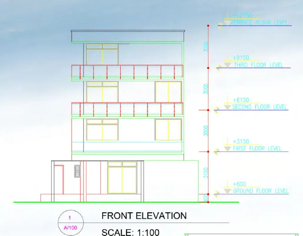 Front elevation of the four-storey residence, dimensioned ground to terrace level