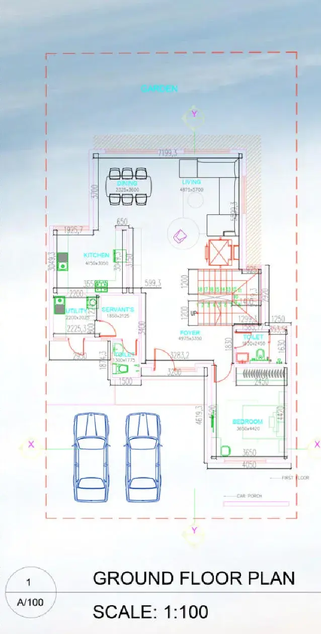 Ground floor architectural plan, rooms labelled and dimensioned, scale 1:100