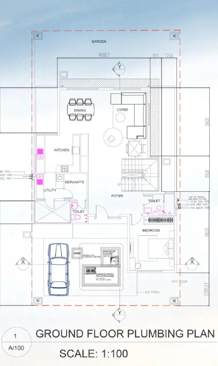 Ground floor plumbing plan — water, waste and soil runs with sumps, scale 1:100