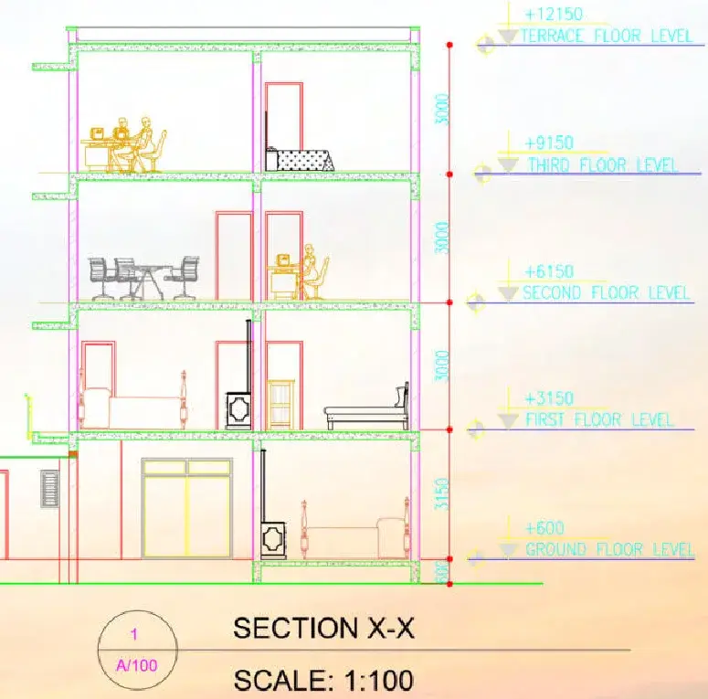 Section X-X through the residence, furnished rooms at every level